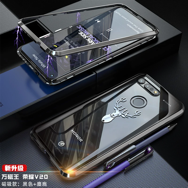 Полная защита Магнитный флип-чехол для huawei Honor View 20 металлическая рамка+ прозрачная закаленная стеклянная задняя крышка с лосем wapiti
