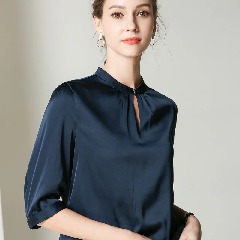 AYUNSUE, лето, натуральный шелк, женская блузка и топы,, Корейская, повседневная, модная, тонкая, Blusas, женская рубашка с коротким рукавом, ZS2007