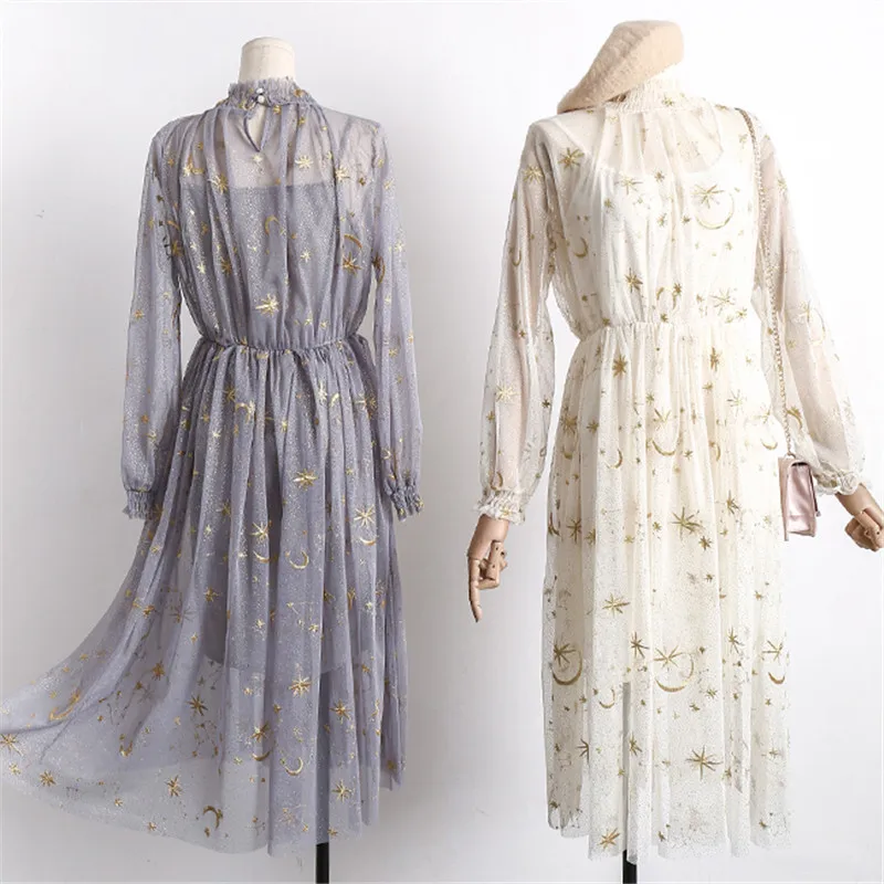 Женское кружевное платье с О образным вырезом весенне осеннее вышивкой