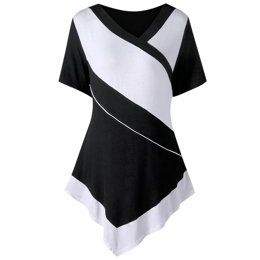 Женская Двухцветная Асимметричная футболка с V образным вырезом и коротким