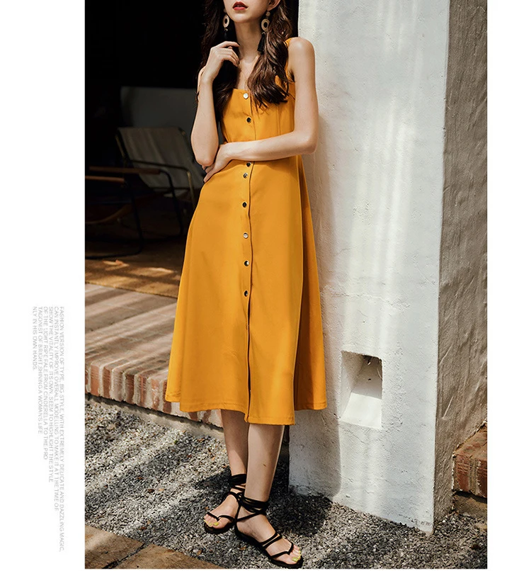 

Spring and summer new style Temperament dress Yellow strap A dress Solid color beach dress
