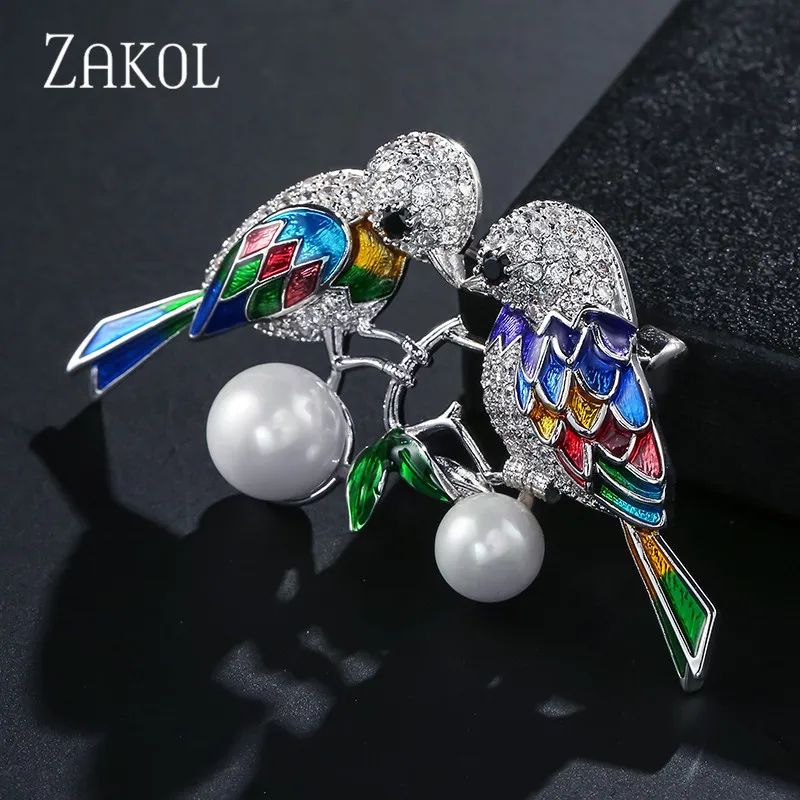 ZAKOL New Fashion Cute Animal Enamel Jewelry Large Vintage Pearl Bird Brooches and Pins for Women Christmas Gifts Broches ZX1046 | Украшения