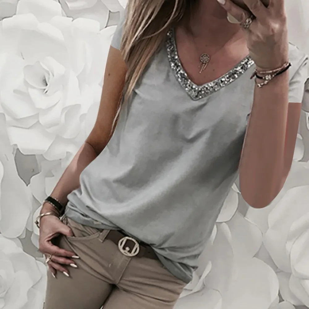 Women Fashion Casual t-shirt Summer Pure Splice V-collar Sequila Short-sleeved T-shirt Women's Push Size Loose Top Female tshirt | Женская