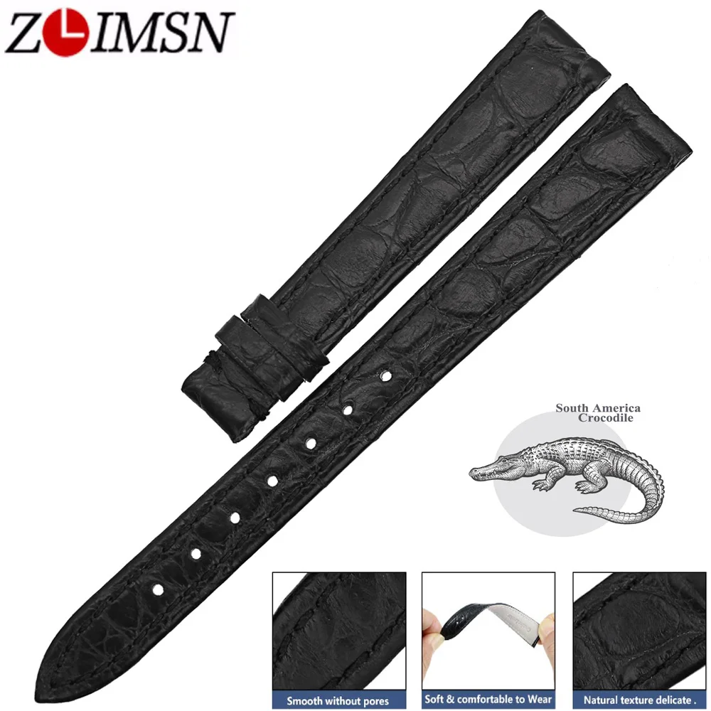 ZLIMSN Genuine Alligator Watch Strap Band Accessories Black Crocodile Leather Watchband 12mm-24mm Bracelet  For OMEGA