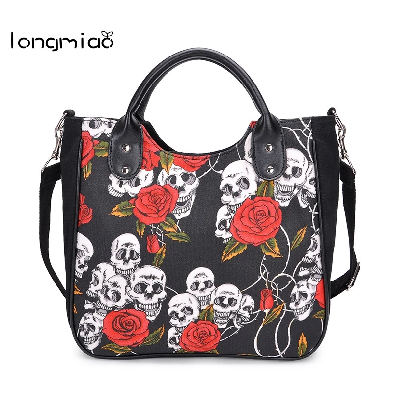 

longmiao Skeleton Skulls Rose Flower Gothic Shoulder Bag Special Design Handbags Skull Print Flower Halloween Canvas Handbags