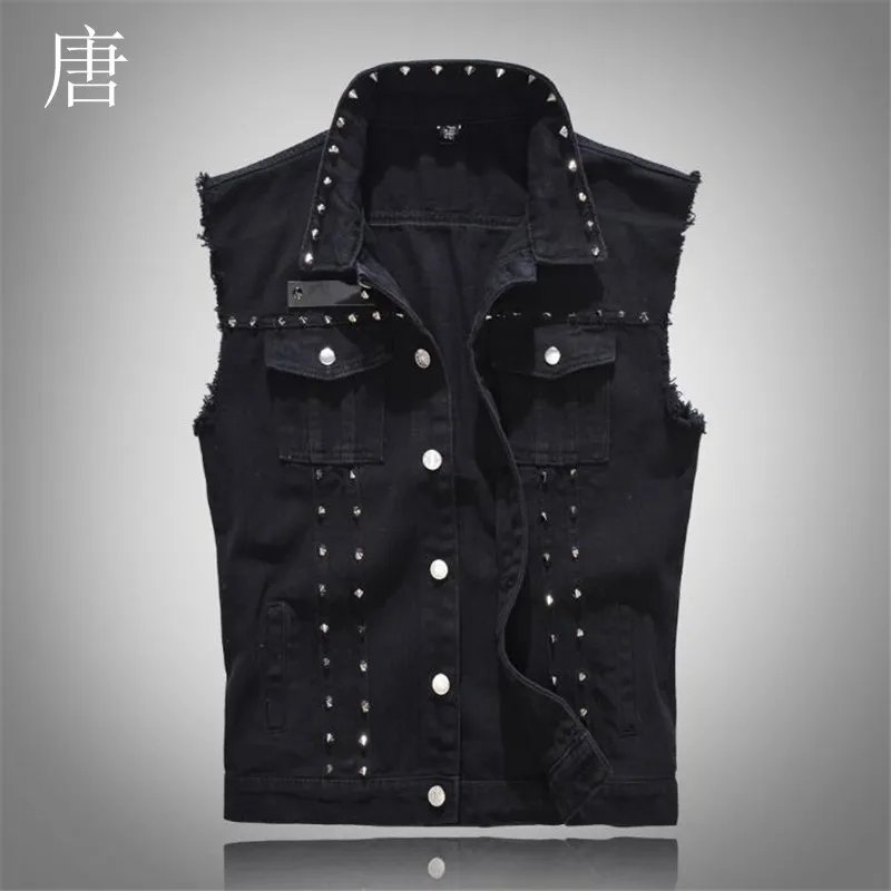 Тан Прохладный 2019 Для мужчин джинсовый жилет с заклепками Цвет Черный Сезон Slim fit