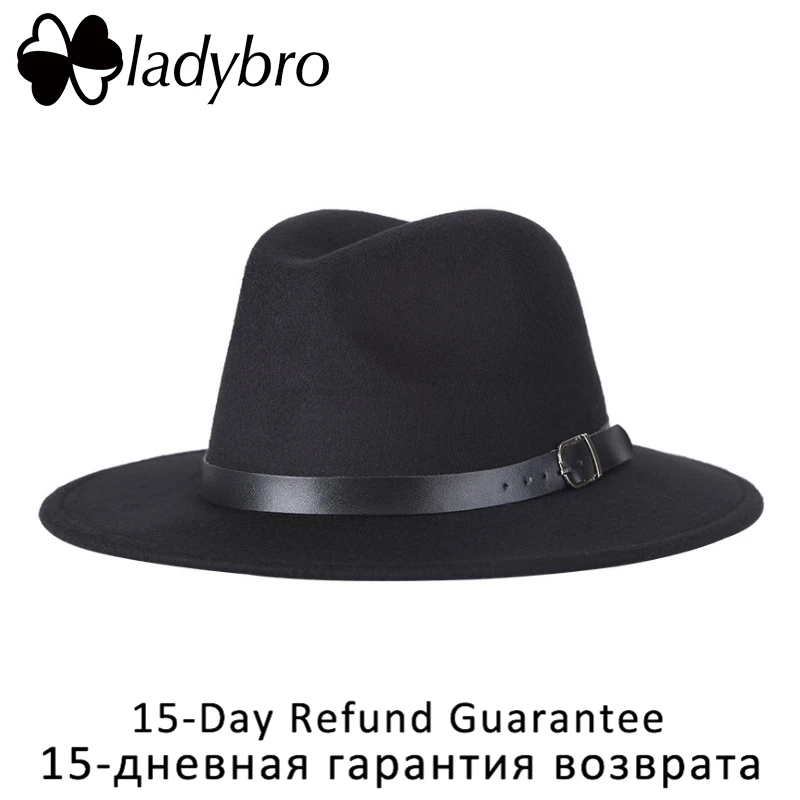 

Ladybro Imitation Wool Cap Women Fedora Hat For Men Wide Brim Hat Autumn Winter Sombreros Jazz Cap Male Belt Panama Hat Female