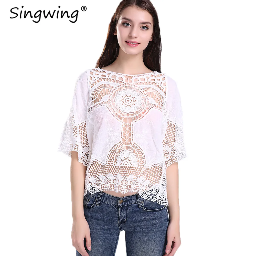 Однотонная кружевная повседневная женская блузка рубашки ажурные половинчатые