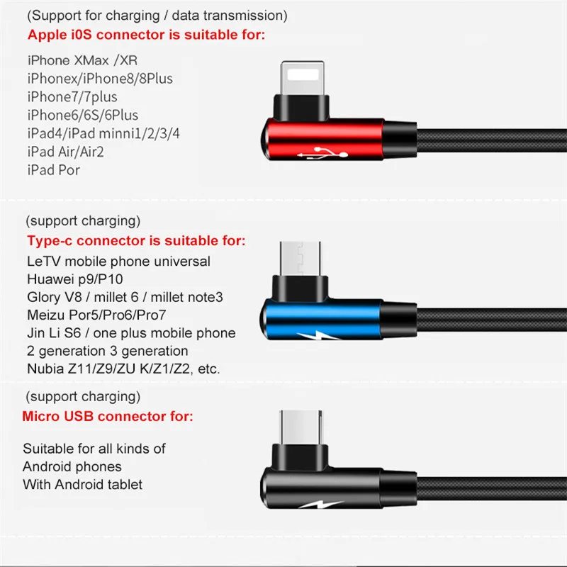90 градусов 3 в 1 USB кабель Micro USB 8Pin type C кабель для iPhone X 8 Plus USB зарядное устройство шнур для samsung S9 Xiaomi Mi8 3 цвета