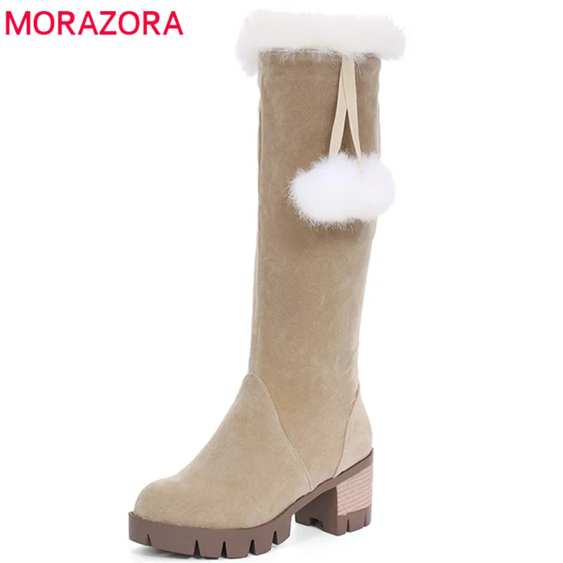 Женские сапоги до колена MORAZORA черные из флока на квадратном каблуке и платформе с