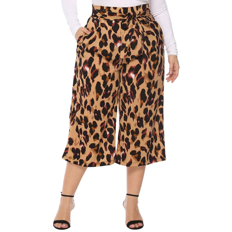 Женские брюки большого размера с бантом шнуровкой высокой талией леопардовым
