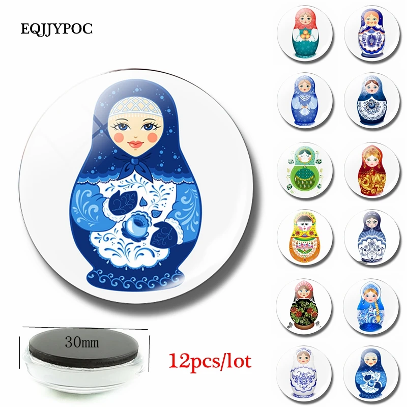 

Fridge Magnet Russian Sleeve Doll 12PCS Lovely Cartoon Doll 30MM 25MM Glass Note Holder Decoration Refrigerator Sticker Magnetic
