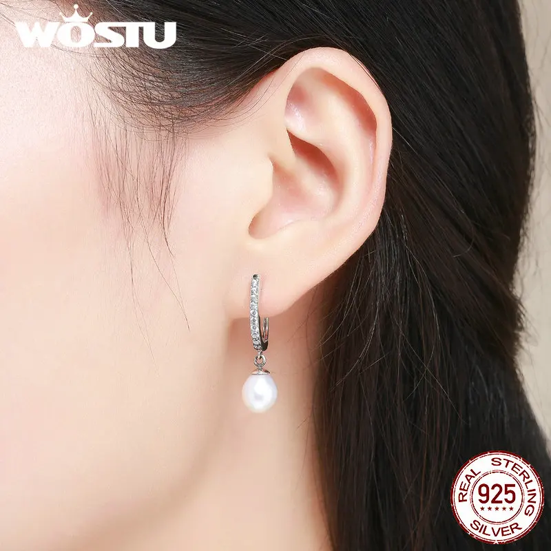 Женские серьги подвески WOSTU изящные из 100% чистого серебра с пресноводным
