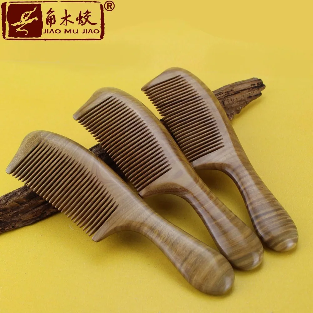 100% Natural Genuine JIAO MU JIAO high quality Green Sandalwood Handmade fine Tooth Wooden Comb Long handle