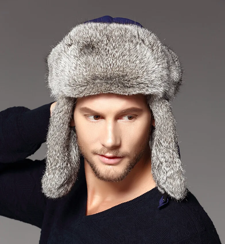 Men's Bomber Hats Real Rabbit Fur Winter Real Fur Trapper Hats Russian Snow Beanies Ear Caps Outdoor Bomber Hats