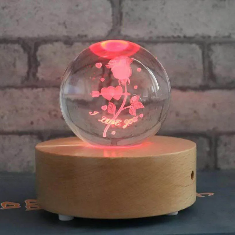 3D Музыкальная шкатулка в виде хрустального шара ночной Светильник Светодиодный Настольные лампы лист лося Роза медведь Одуванчик луна лампа с подарочной коробкой для украшения дома
