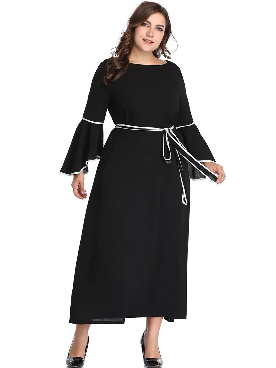 Платье размера плюс черное летнее офисное женское элегантное с поясом свободное