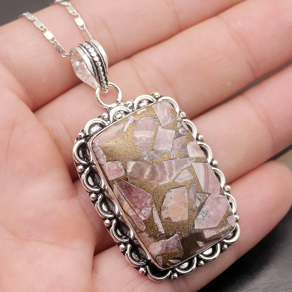 

Gorgeous Vintage Natural Pink Rhodochrosite Silver Color Necklace Pendants 58MM AK181