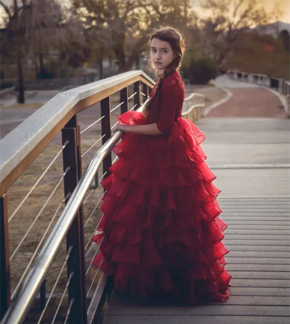 Бордовое красное кружевное платье с длинными рукавами для девочек многослойное