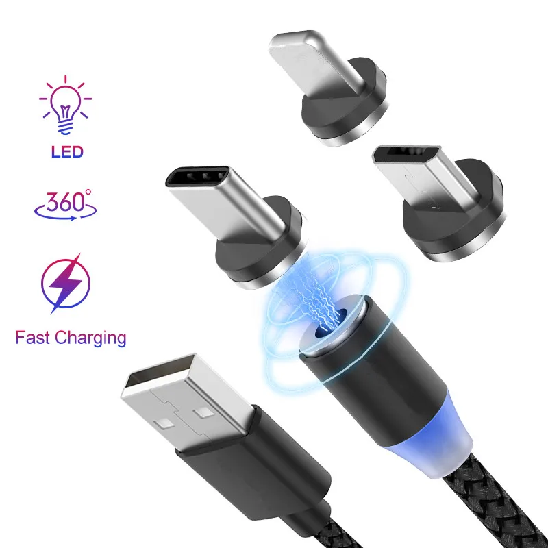 Металлический магнитный USB кабель для iPhone type C Micro 2.4A быстрое зарядное устройство светодиодный светильник для samsung Xiaomi huawei Android Phone шнур 1 м