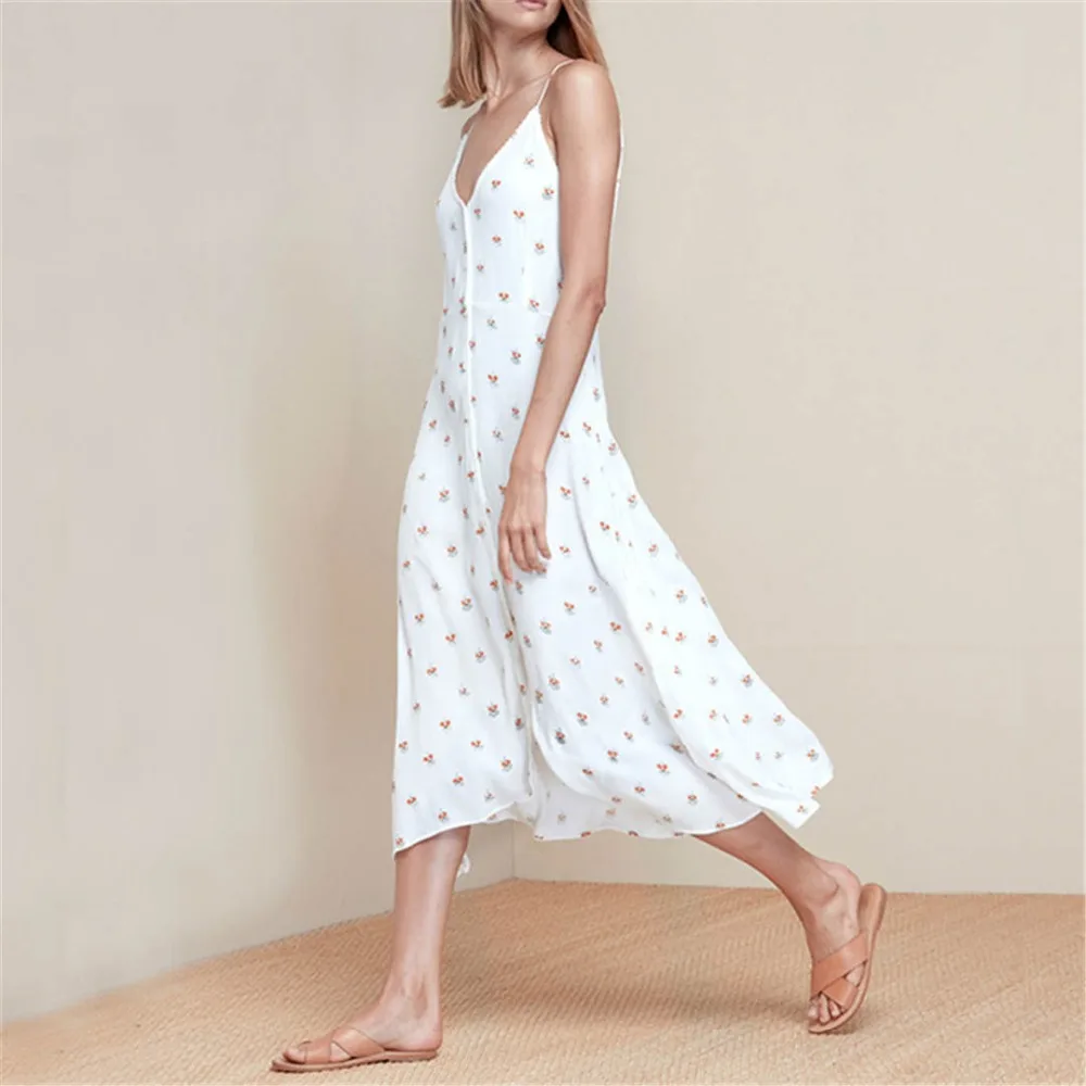 Элегантное Длинное платье в горошек на бретельках без рукавов пуговицах спереди