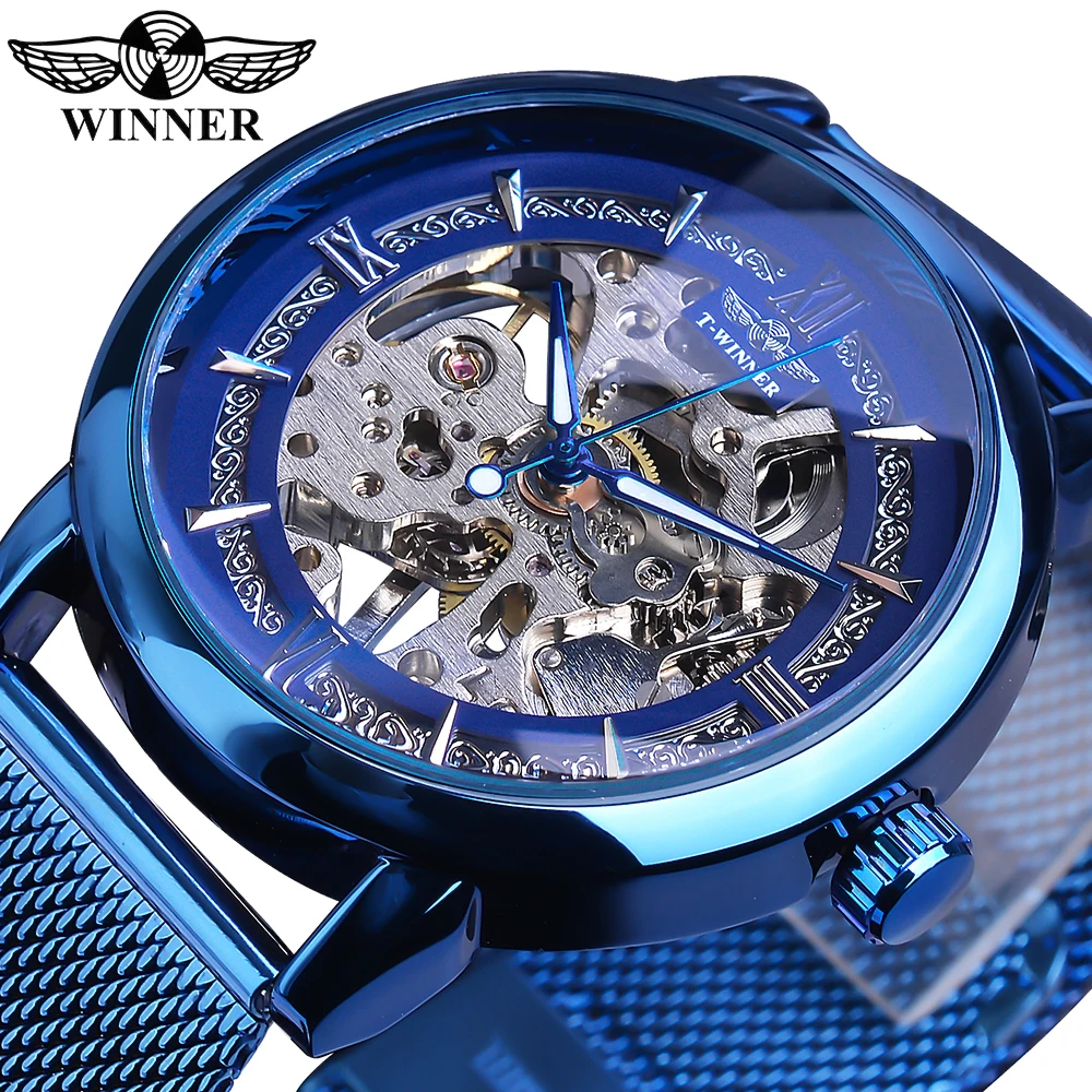 

Winner Men Blue Fashion Hand Wind Mechanical Skeleton Luminous Hands Stainless Steel Mesh Strap Business Watches Montre Homme