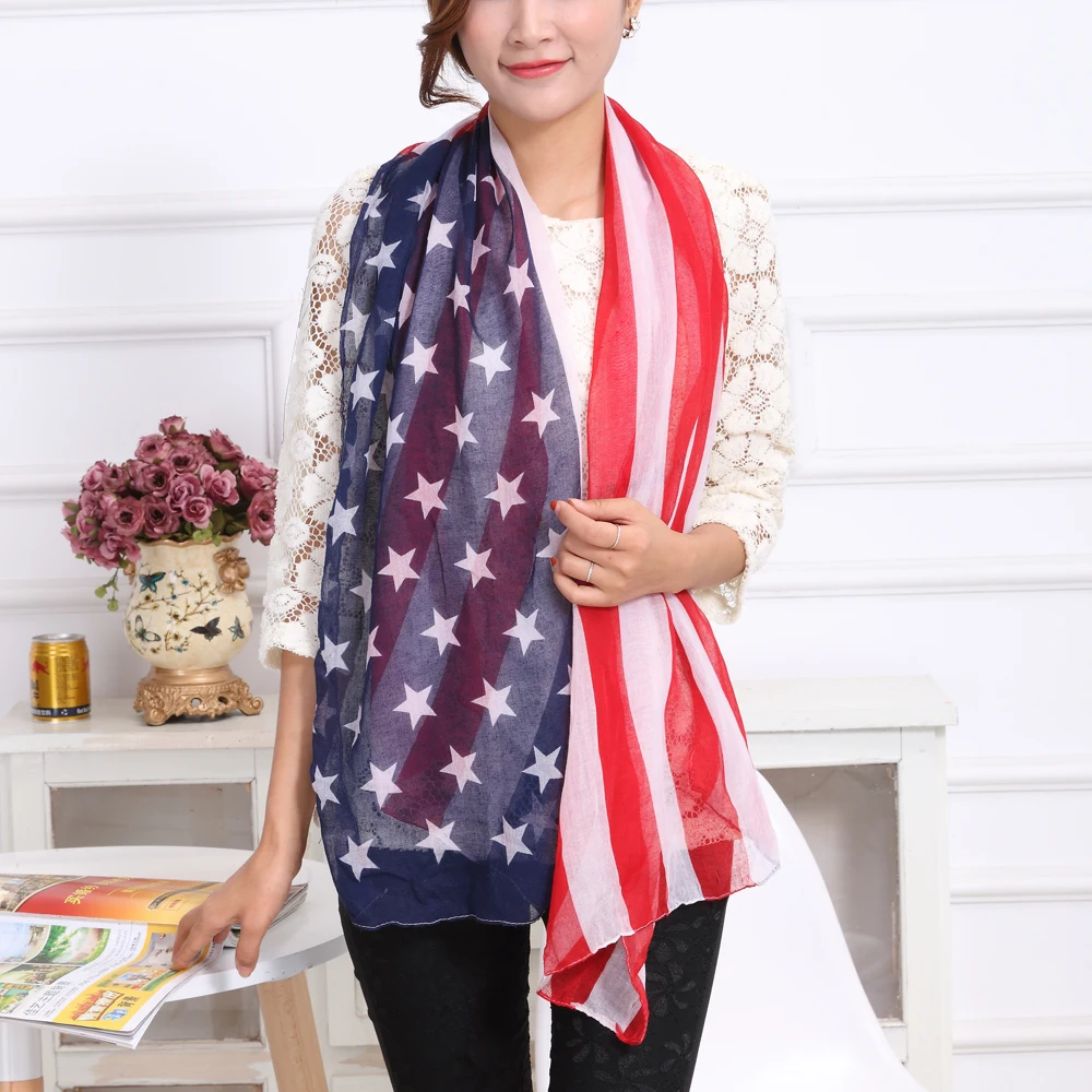 

2017 New Fashion Lightweight Women Soft Warm Polyester American Flag Print Scarf Small Size Red and Blue Color 160*50 cm