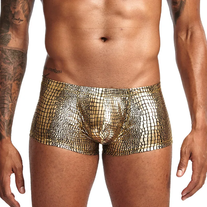 

Snake Skin Leather Sexy Mens Underwear Boxers Brand Open Front Crotchless Boxer Shorts Men U Convex Low Waist Male Underpants