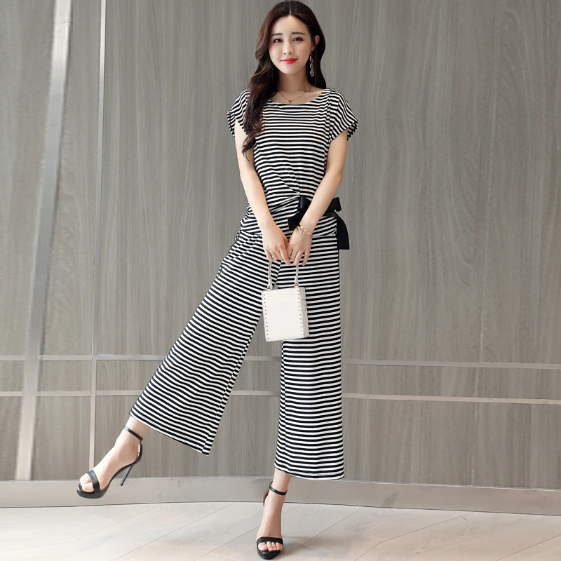 

2018 Summer new large size ladies' stripes loose blouse & wide-legged pants suit two-piece clothing set bow plus size M-5XL