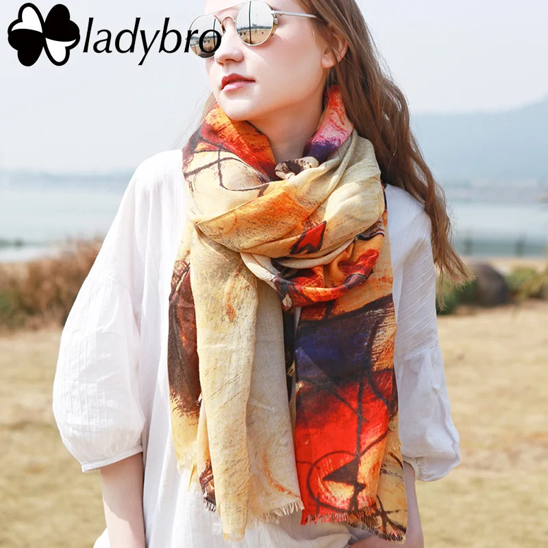 

Ladybro Winter Graffiti Imitation Cashmere Scarf Women Brand Shawl Oil Panting Scarves Large Pashmina Fashion Soft Wrap Female