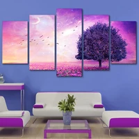 modular picture wall art fashion home decoration 5 panel purple tree canvas oil painting for living room modern printing type