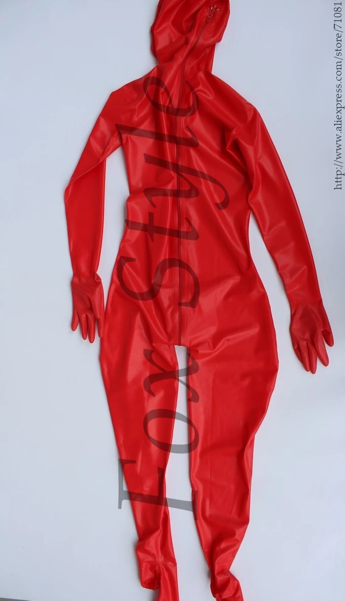

Latex full suit bodysuits for women zentais with back zip to lower abdomen open norse only with hoods feet gloves attached