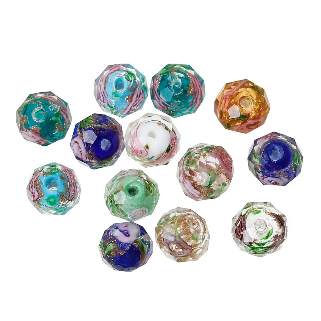 DoreenBeads стеклянные бусины лэмпворк круглые в случайном порядке цветочный узор граненый около 10 мм х 8 мм, Отверстие: Приблизительно 1,5 мм-2,3 мм, 2 шт
