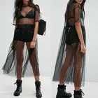 Женские длинные футболки, сексуальные черные прозрачные сетчатые топы, летние длинные футболки из тюля с коротким рукавом