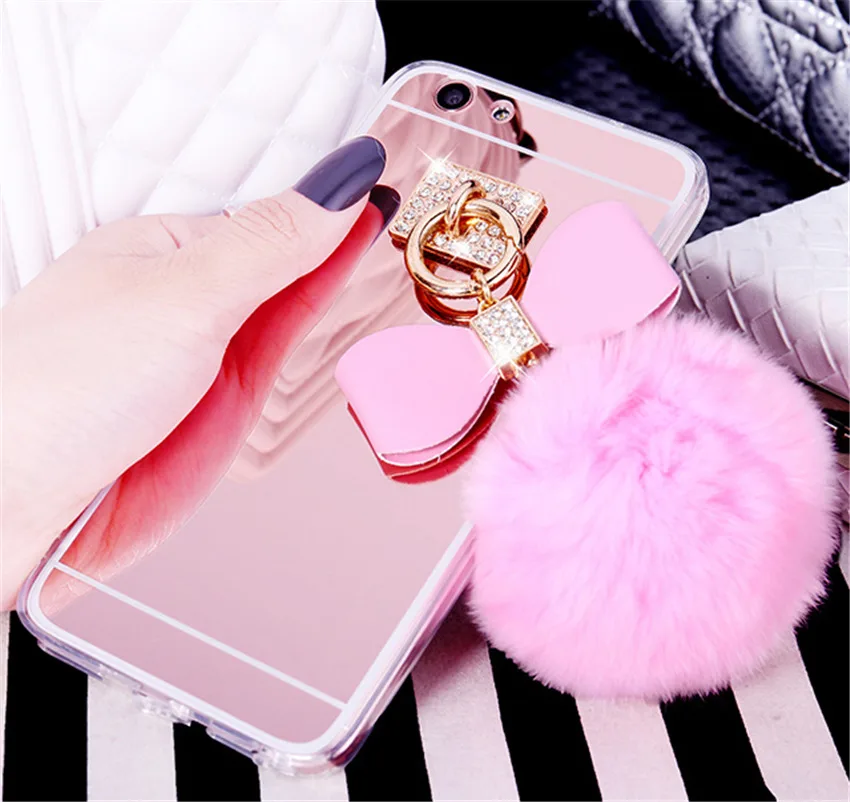 Luxury Rhinestone Mirror Case For iPhone X Cute Fur Ball Tassel Clear Soft Phone 5S 6 6S Plus 8 7 Capa |