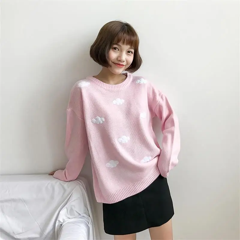 Розовый Женский свитер Kawaii Ulzzang в винтажном стиле для колледжа, свободный свитер с облаками, женский корейский панк толстый милый свободный свитер Harajuku, одежда для женщин - Цвет: Розовый