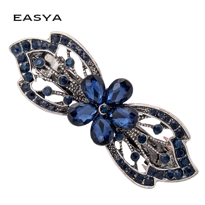 Покрытие антикварным серебром EASYA, винтажные Синие стразы, заколка-бабочка, заколки для волос с цветами, женские заколки для волос, ретро бант, аксессуары для волос, ювелирные изделия - Окраска металла: Покрытие антикварным серебром