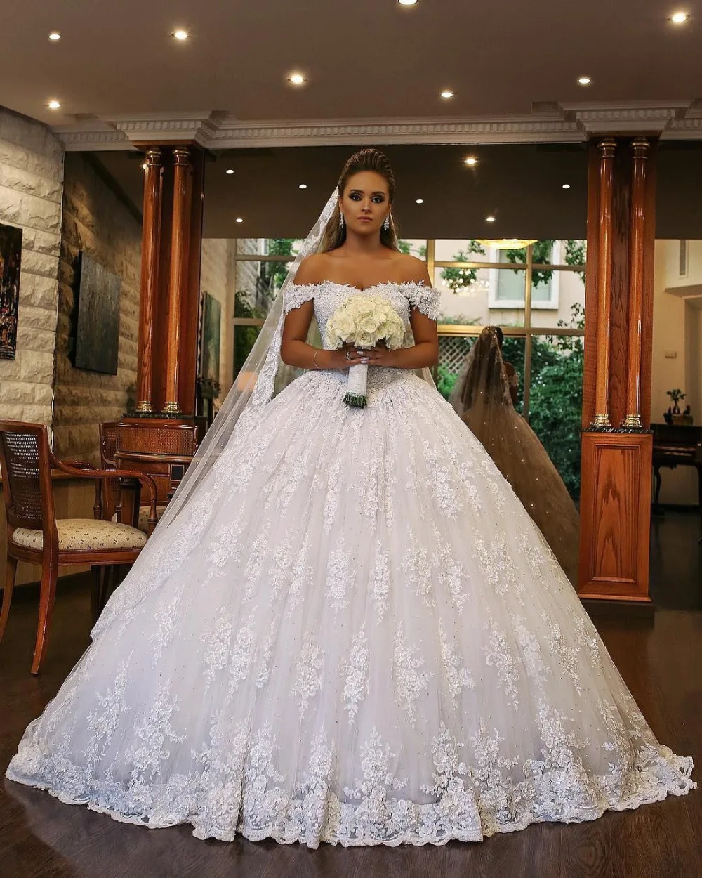 Robe De Mariage Роскошные блестящие белые свадебные платья с открытыми плечами Блестки Кружева Свадебные платья для невесты Vestido De Novia