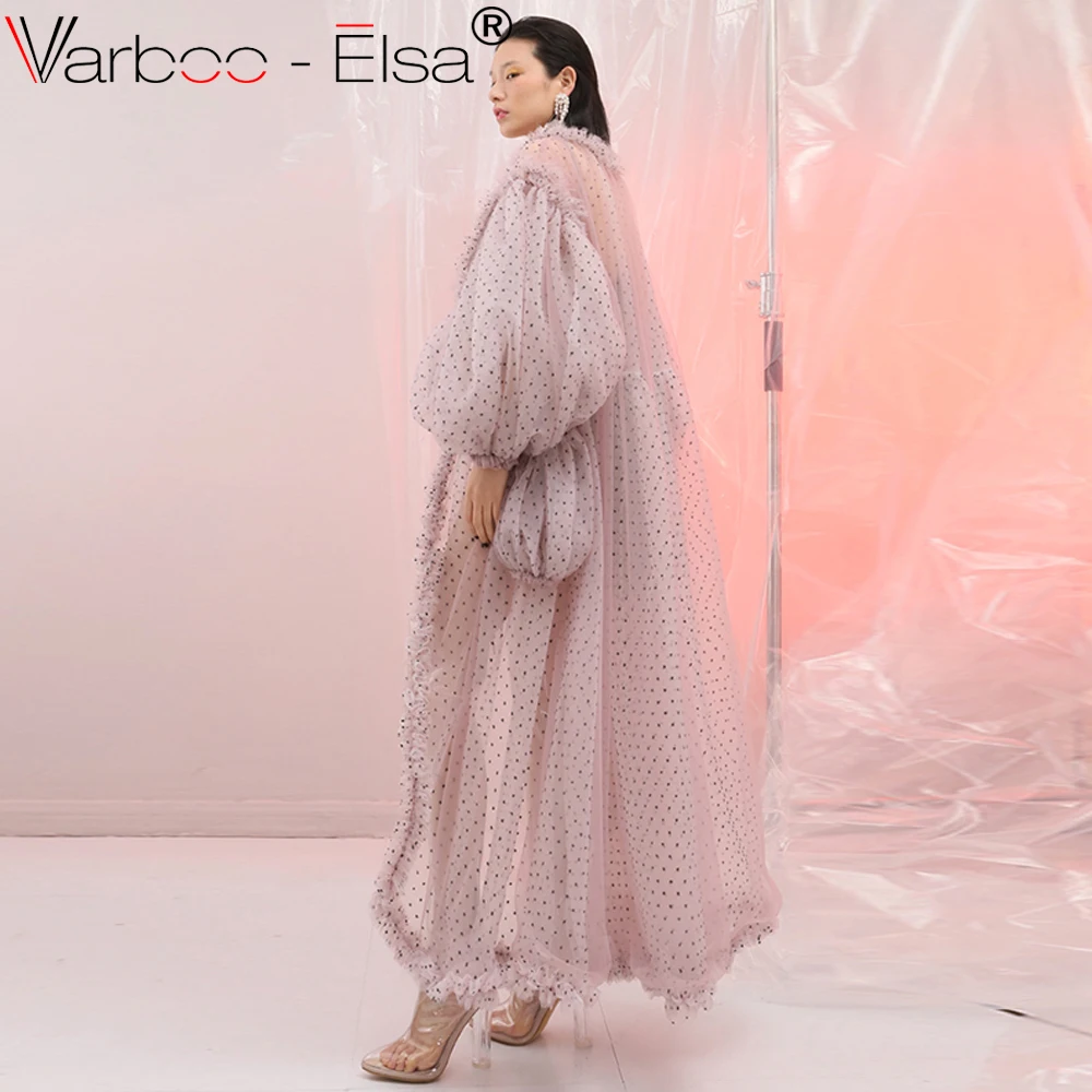 VARBOO_ELSA в розовый горошек Тренч женский оборками Фонари карман на рукаве Макси