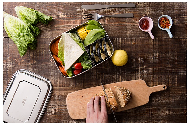 304 топ из нержавеющей стали Bento Ланч-бокс контейнеры для еды с 3 отделениями квадратный портативный контейнер для пикника 1800 мл/1000 мл