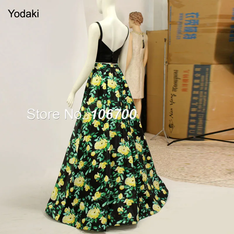 

2018 Two Pieces Printed Ballgown Prom Dresses Boat Neck Open Back Pleat Ruched with Pocket Long Black Color Party Evening Gowns