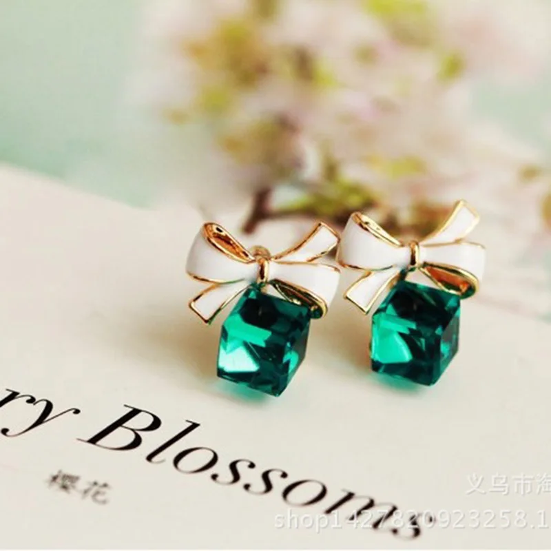 Green JIOFREE корейская мода лук-узел серьги-клипсы кубический зеленый синий кристалл без отверстия серьги ювелирные изделия для женщин - Окраска металла: Green