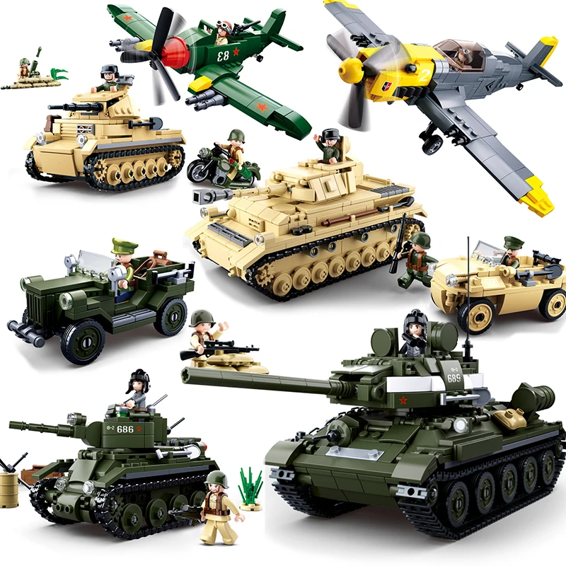Военные оружие совместимы Legoing Ww2 Танк T34 самолет мировая война 2 грузовик