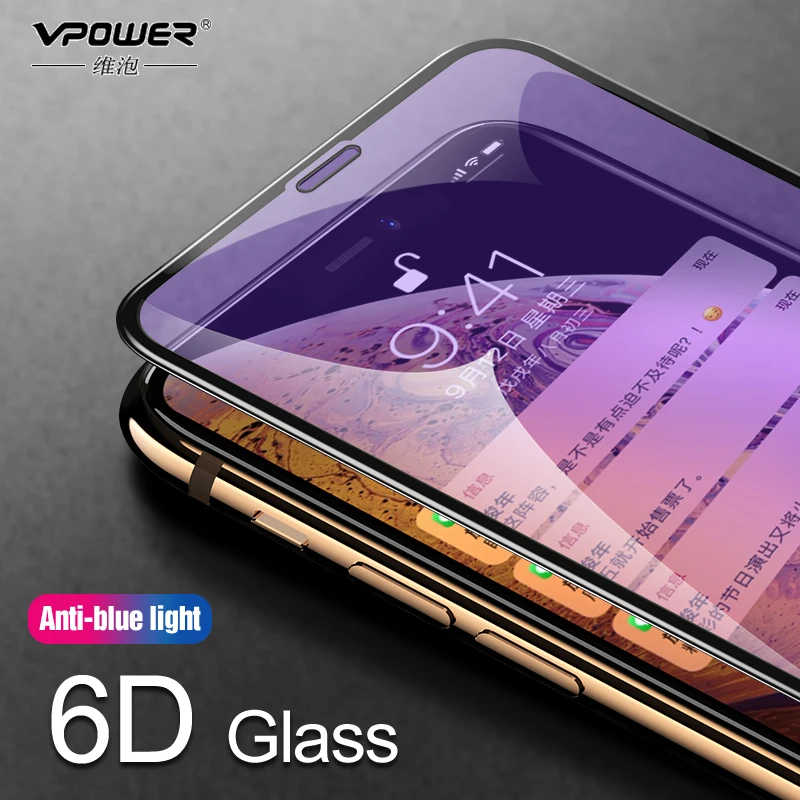 6D полный экран из закаленного стекла для iPhone XS Max VPOWER высокой четкости анти синий