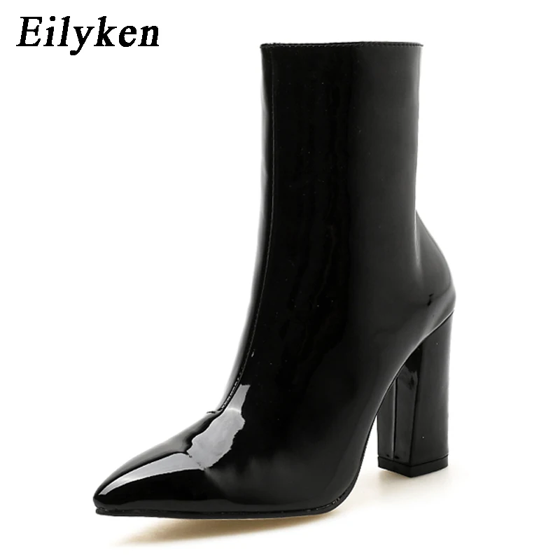Black Eilyken/модные женские ботильоны из лакированной кожи золотистого и серебристого цвета; ботинки на высоком каблуке с острым носком; пикантные женские туфли-лодочки на шпильке; ботинки «Челси» - Цвет: Black