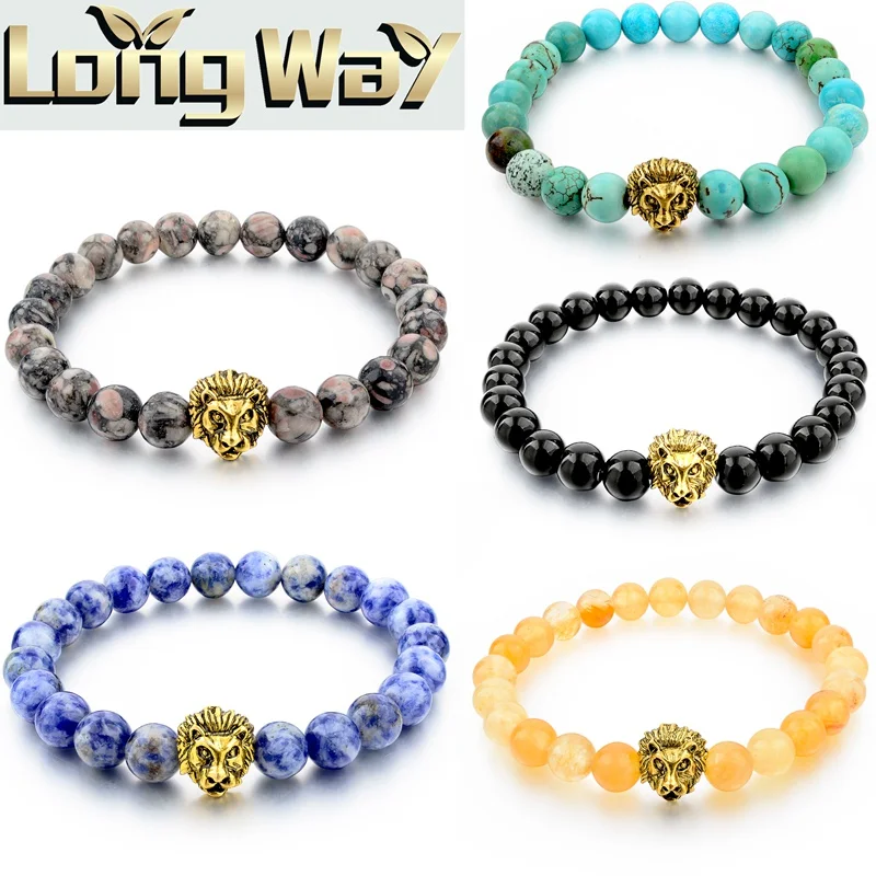 Длинные бусы браслет из натурального камня золотистого цвета Лев веревка