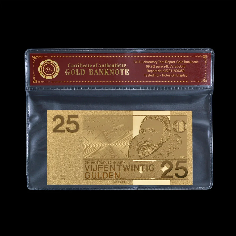 Банкнота из золотой фольги 25 галден для декора стен в Нидерландах * Красивое