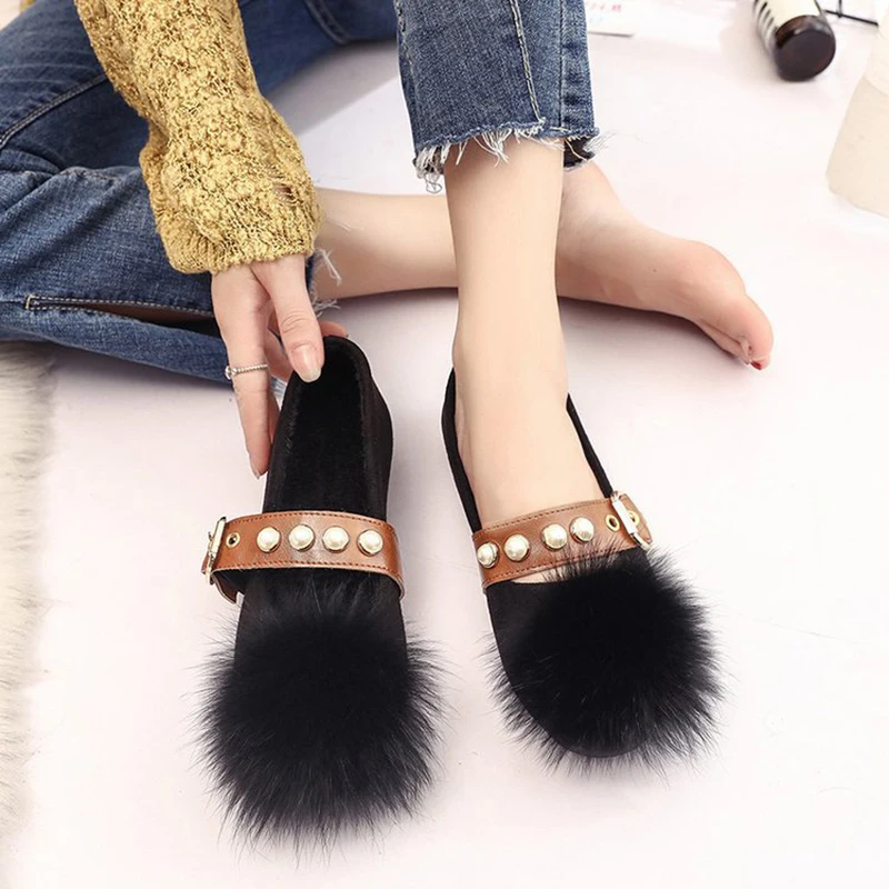 Лисий мех помпоном женские мокасины жемчужной пряжкой на лоферы из флока женская