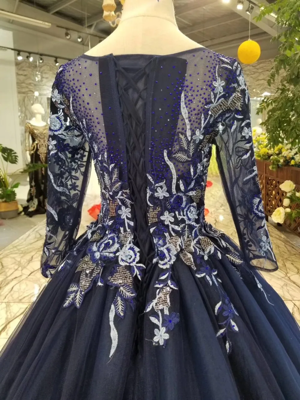 H&S BRIDAL Vintage Long sleeve prom dresses appliques evening gowns robe de soiree abendkleider navy blue prom gowns