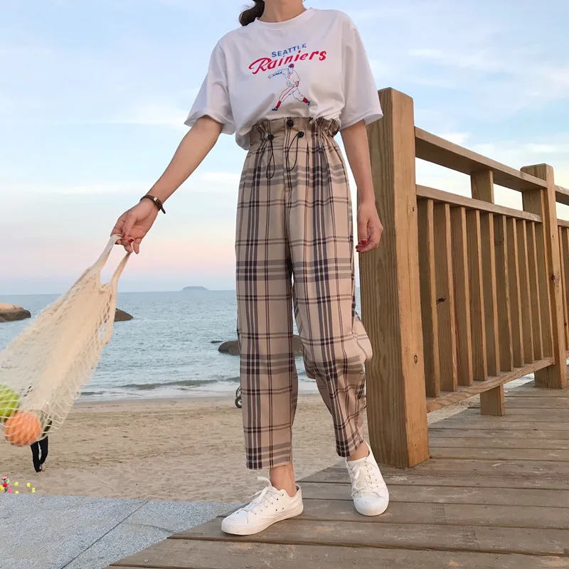 Женские свободные Брюки Laura's Store клетчатые брюки с широкими штанинами лето 2019 |